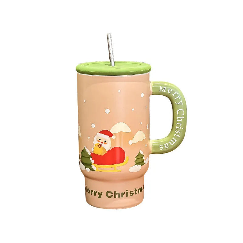 Large capacity 800ml white porcelain Christmas mug with cartoon pattern and red elk design on rustic background