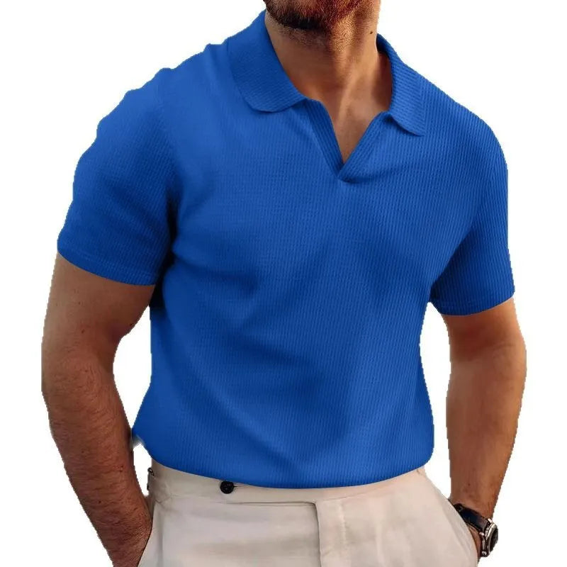 Men's slim fit t-shirt with heavy waffle texture in blue colour, showing short sleeves and textured fabric detail