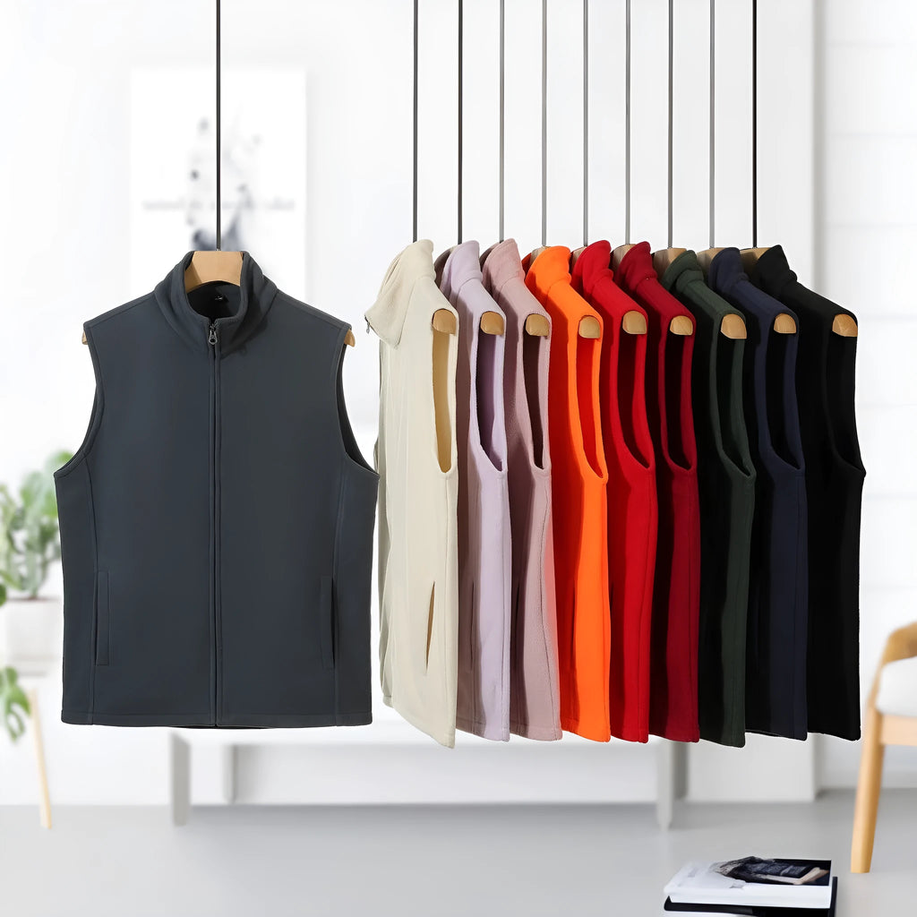 Men's zipper stand collar double-sided fleece cardigan vest in solid colour with side pockets