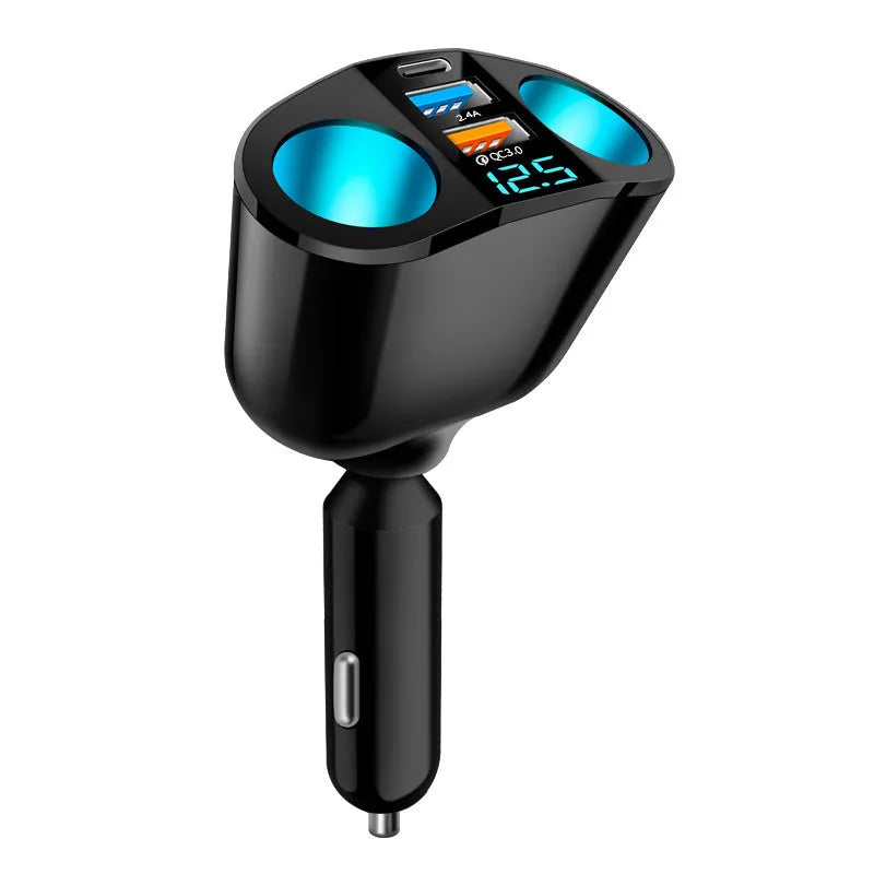 Qc30 dual USB car charger with digital display, aluminium alloy body, 360-degree rotating head