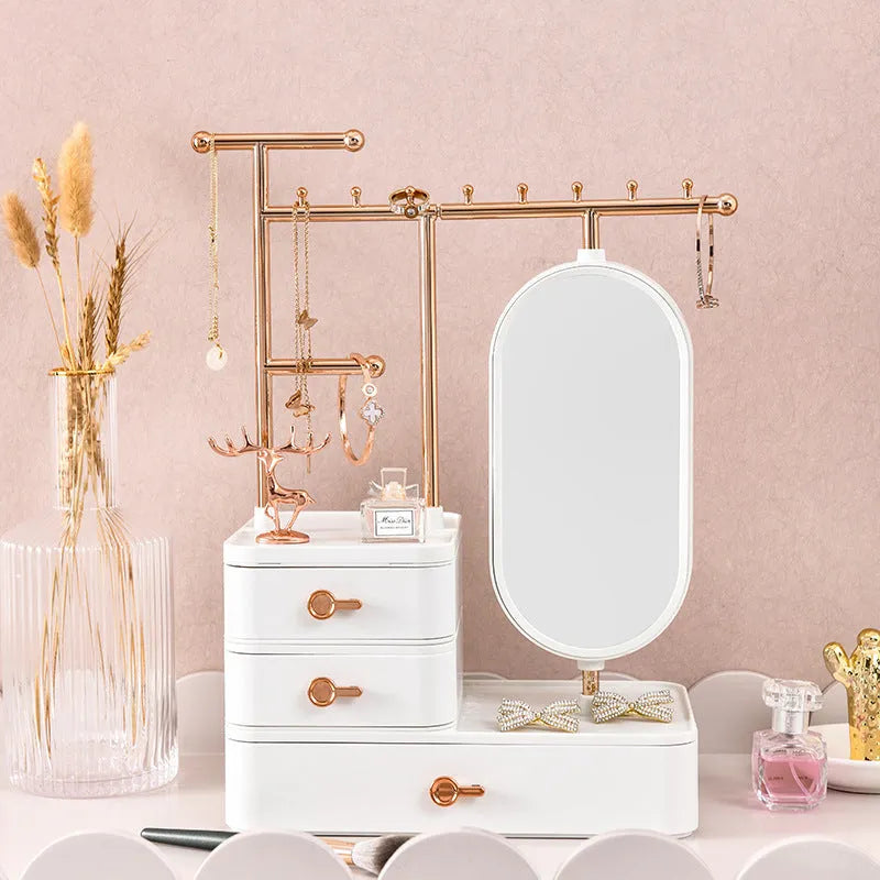 Light luxury cosmetics storage box with mirror in Pearl White on a desktop