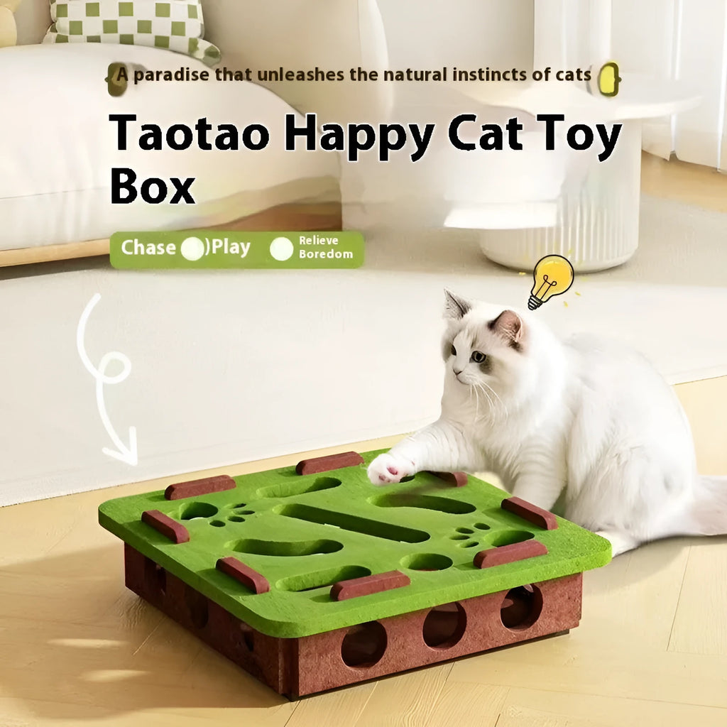 Green brown felt cat toy box with holes and detachable felt mice for hide-and-seek play.