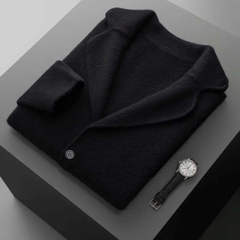 Men's cashmere lapel cardigan in light grey showing thickened knit construction and loose fit