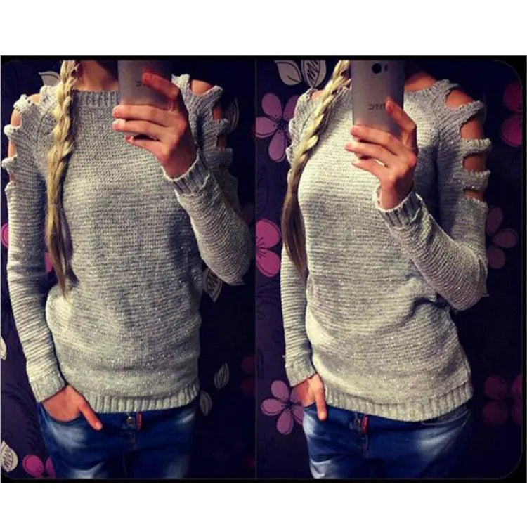 Grey women's long-sleeved knit shirt with round neck and hollow-out crochet pattern detail.