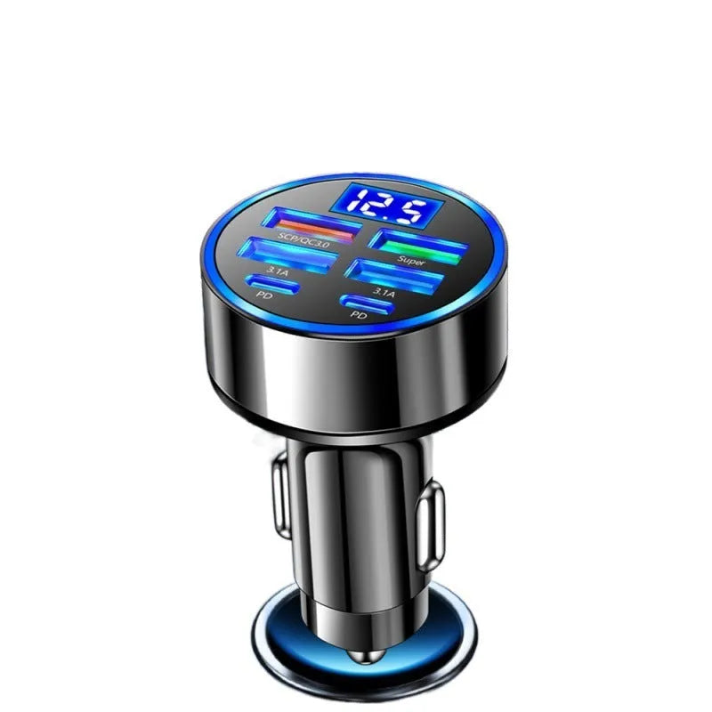 Black 6-port circular car charger with digital display, 4 USB and 2 PD outputs, 27W fast charging
