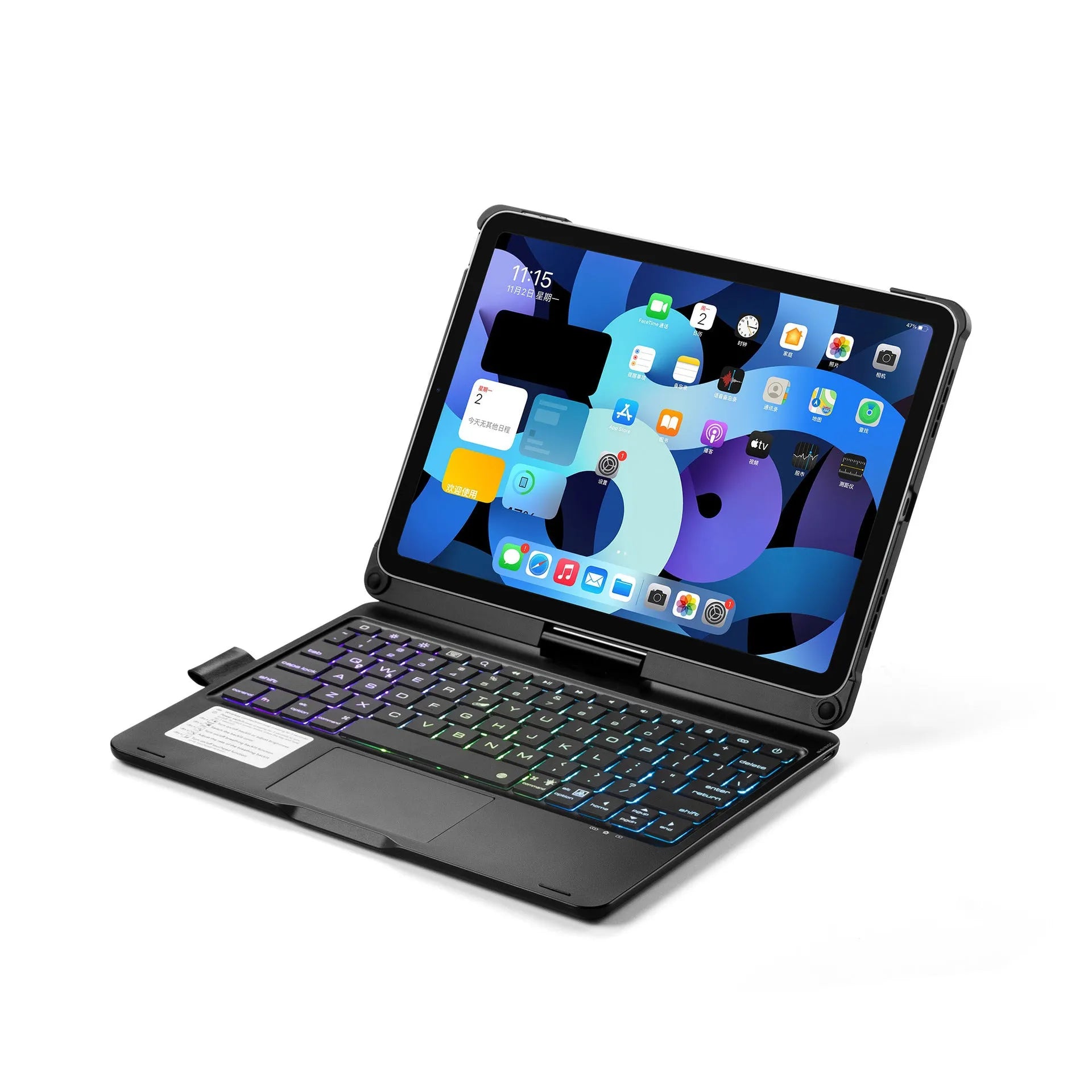 Black 360-degree rotating Bluetooth keyboard with backlit keys next to an iPad tablet.