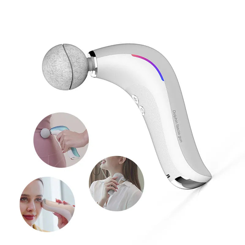 Mini electric massage gun with three heads in pink, star grey, and white, USB rechargeable