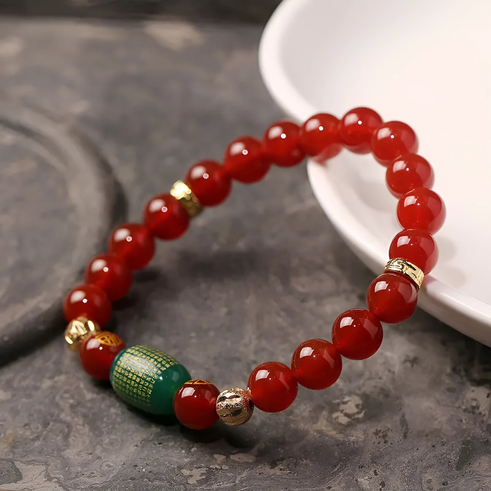 Agate Guanyin bracelet with rosary edge detailing in green or red stone options