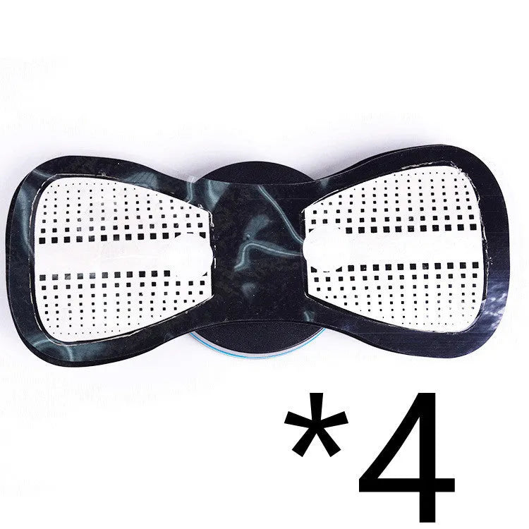 Black mini electric shoulder and neck massager with massage patch next to its 15cm long packaging.