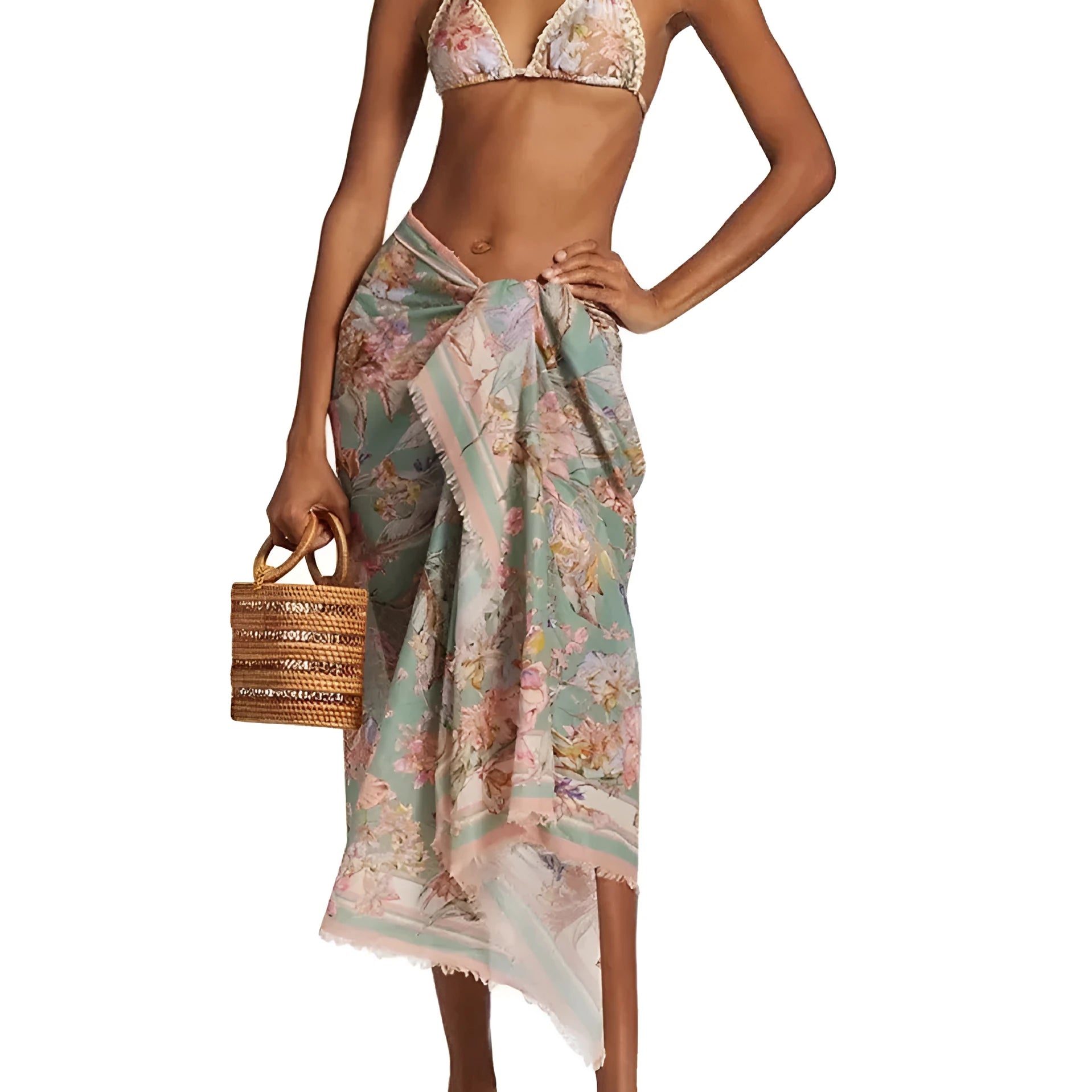 Women's floral pattern bikini set with skirt in creamy-white beige colour