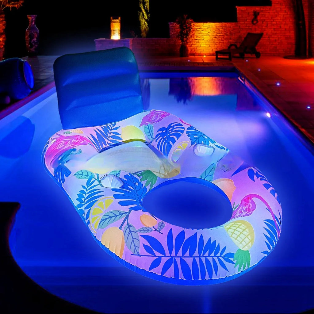 Inflatable white luminous floating bed with backrest on pool water, showing light feature and 140cm size.