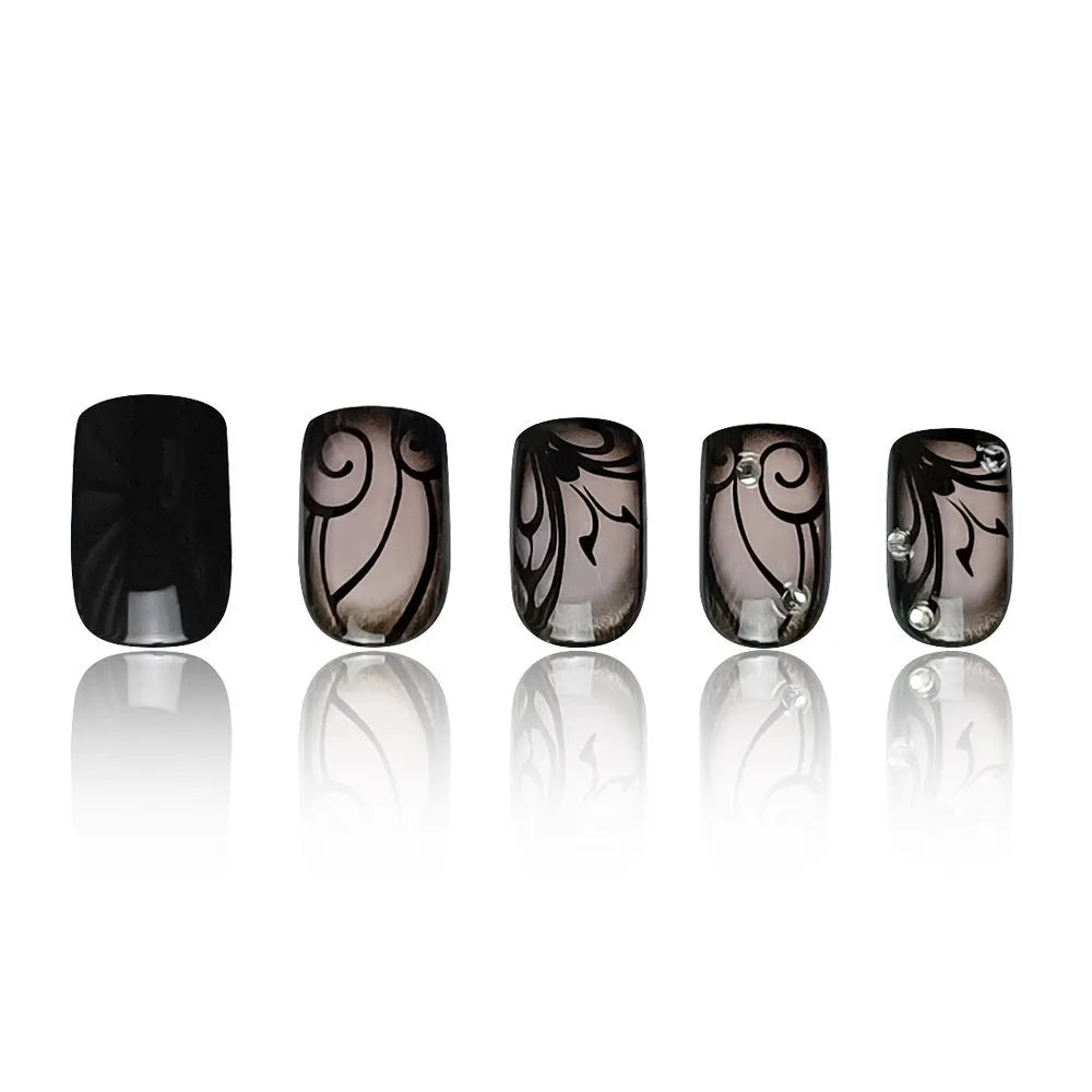 Black vine wearable nails with jelly glue, ultra-thin seamless finish, plaid pattern, one box set