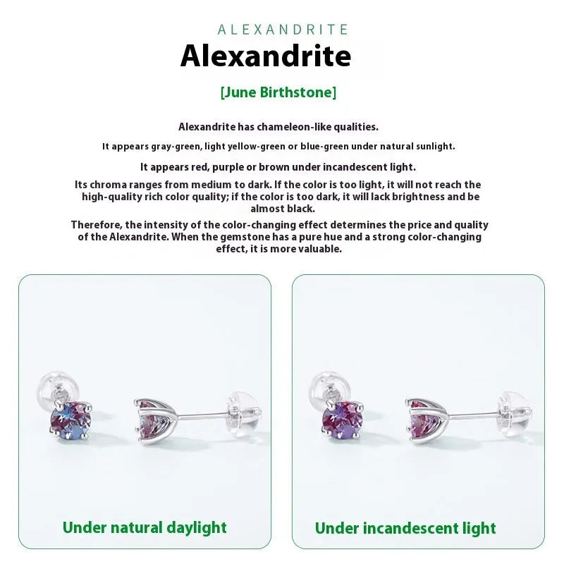 A pair of simple geometric silver ear studs with a round cultivated Alexandrite stone.