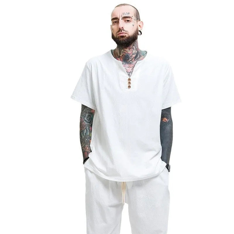 Loose cotton and linen T-shirt for men, short sleeve pullover in apricot colour, size M to 9X
