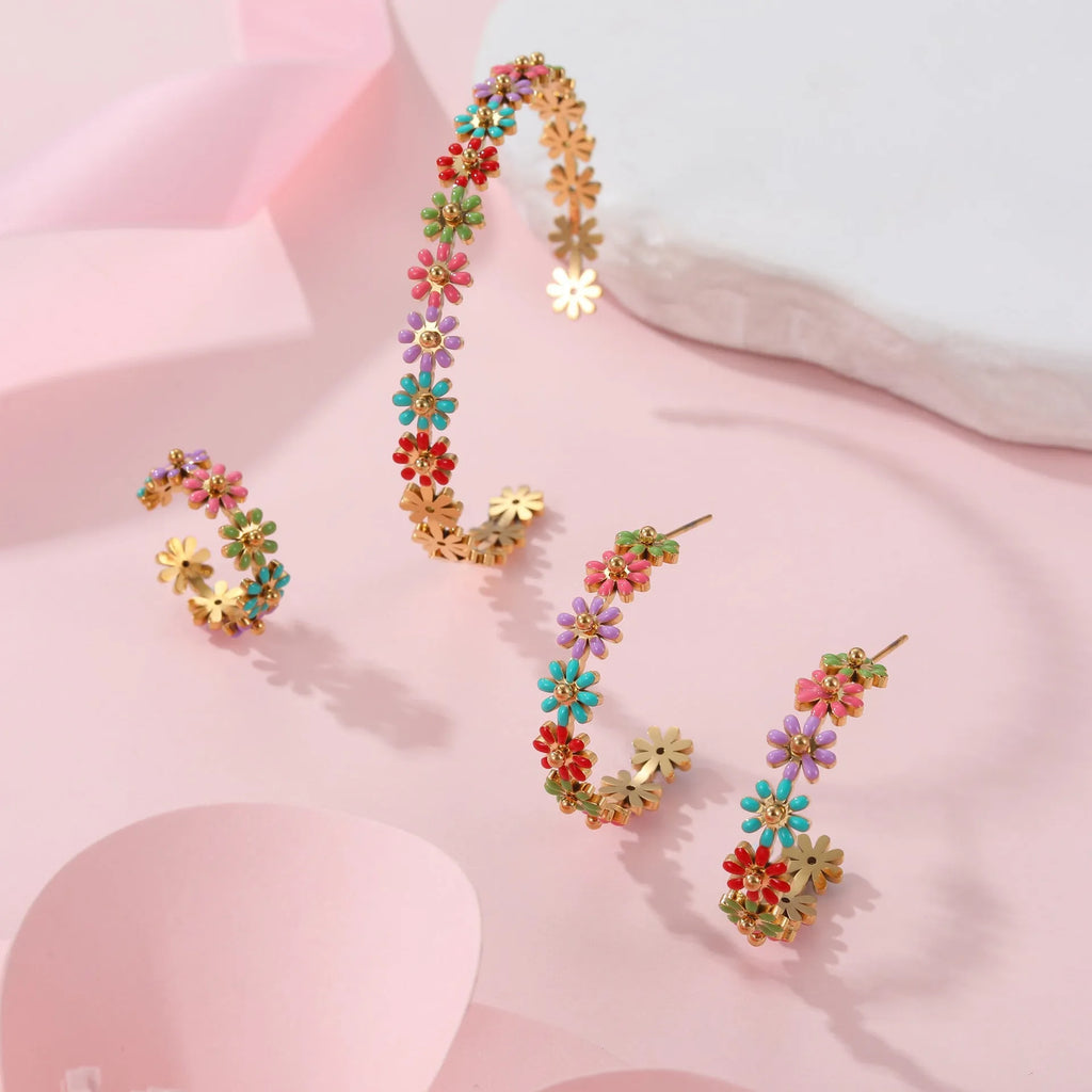 Fashion oil drip colour flower stainless steel bracelet with electroplated finish and geometric shape for women