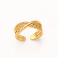 Women's gold open ring with geometric line pattern on copper base