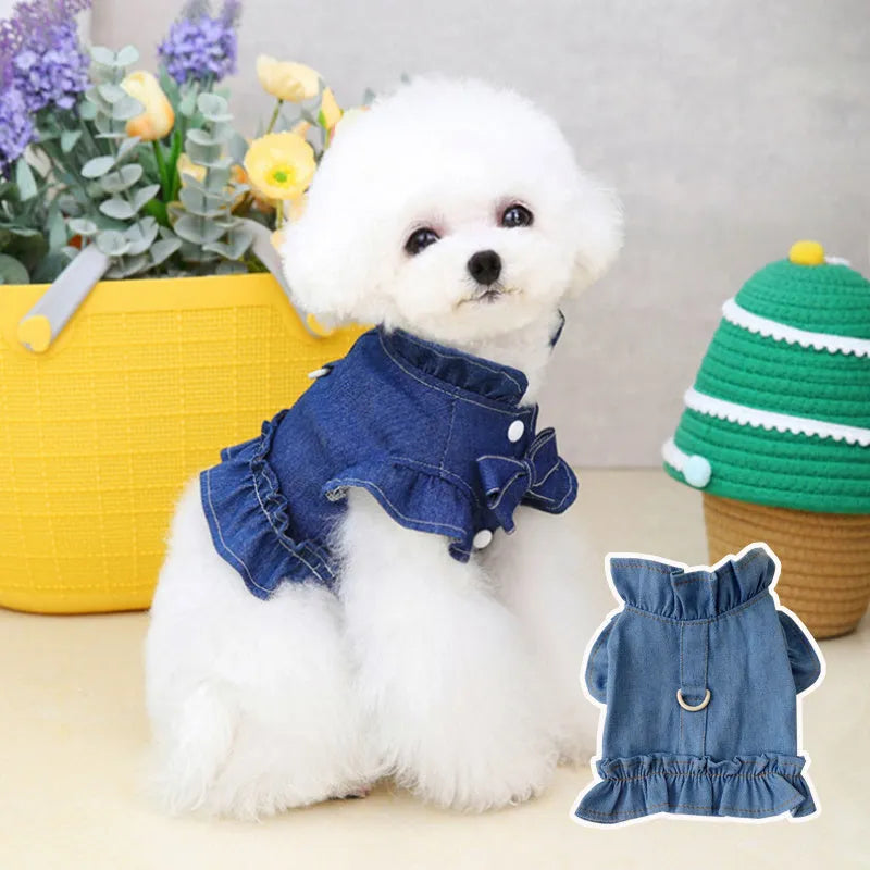 Blue denim pet dress with ruffles and integrated vest harness for dogs or cats