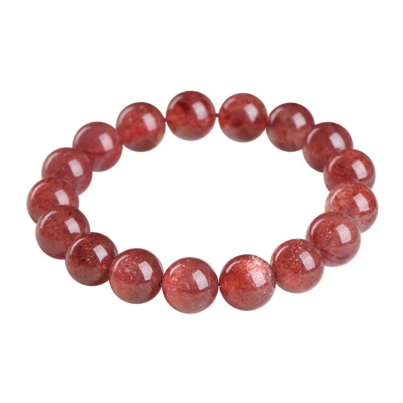 Geometric bead strawberry quartz bracelet in Starlight colour on a wrist, showing size options.