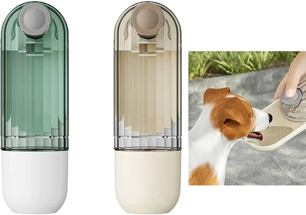 Foldable dog water bottle with food dispenser in beige or green colours for outdoor walking and hiking