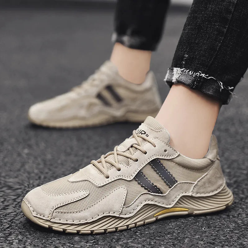 Men's grey platform hiking boots with pigskin upper and lace-up front closure