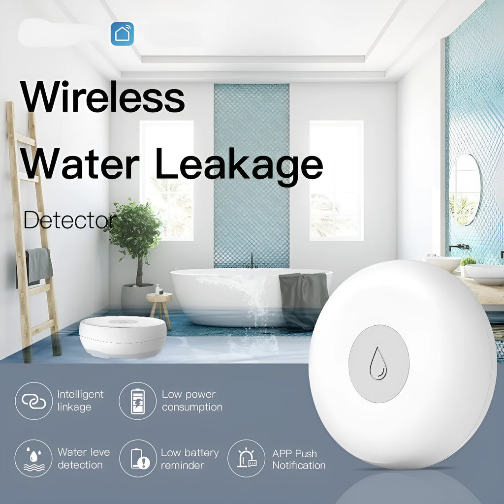 Compact wireless water leakage detection sensor with ZIGBEE3.0 connectivity for mobile phone alerts.