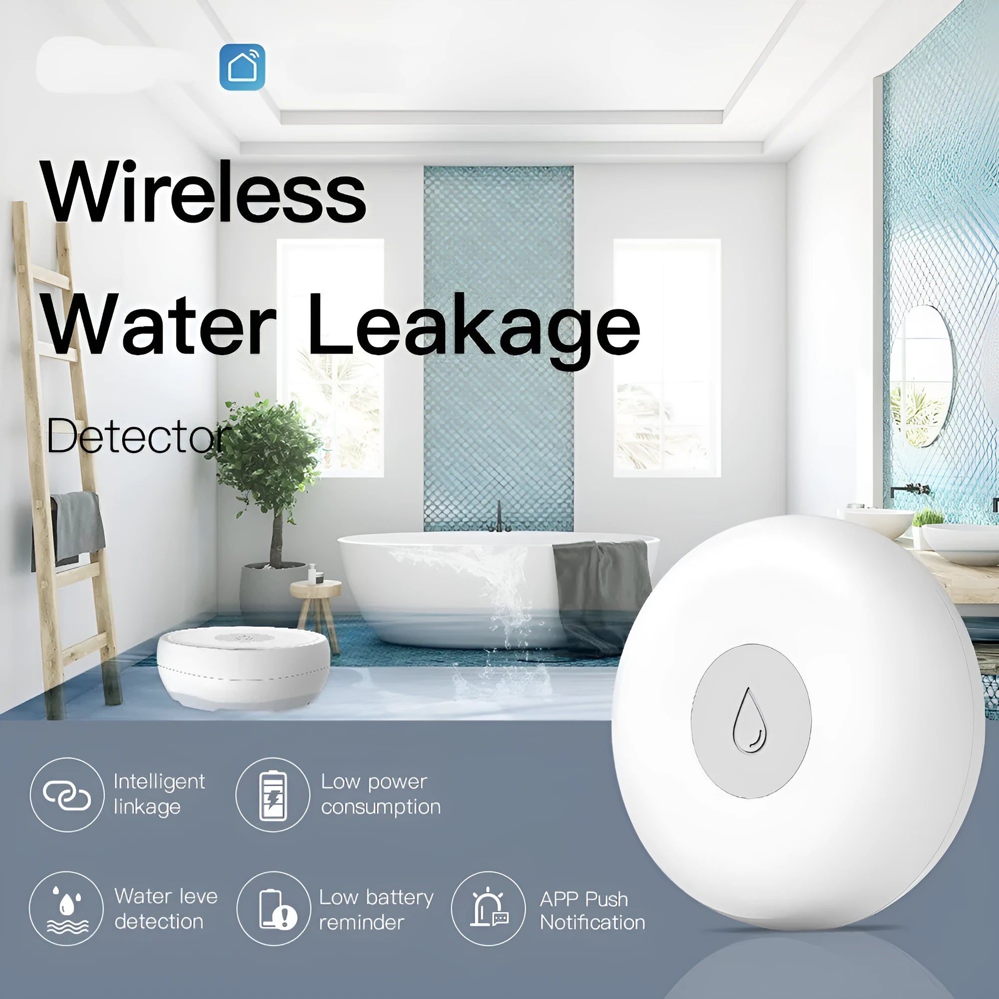 Compact wireless water leakage detection sensor with ZIGBEE3.0 connectivity for mobile phone alerts.
