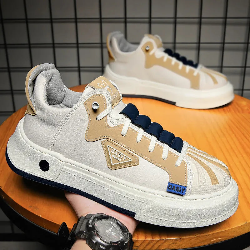 Men's beige and black low-top casual sneakers with elastic band fastening and mesh lining.