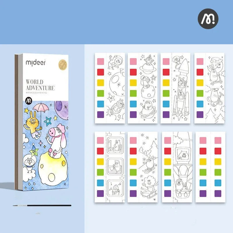 Children's gouache graffiti picture book with paintbrush, white card pages 187 x 78mm, colour box