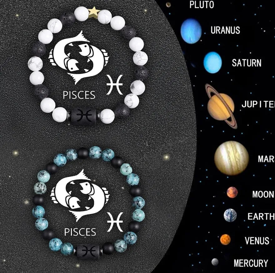 Set of twelve natural stone beaded bracelets with zodiac sign charms on a white background.