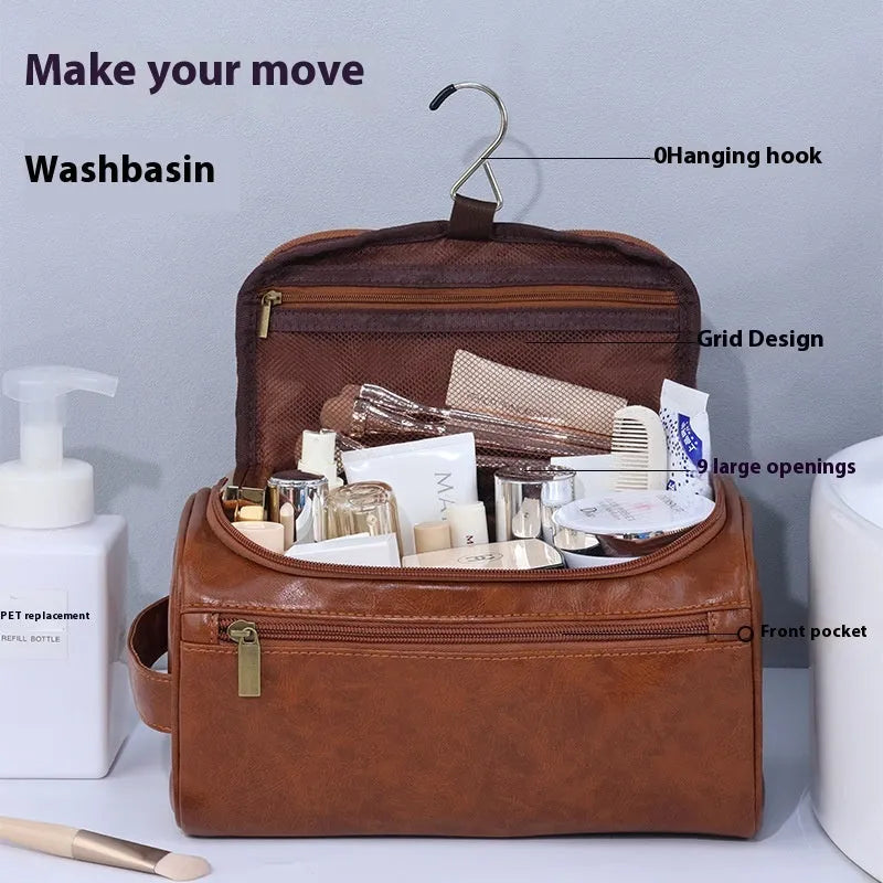 Large waterproof cosmetic bag in retro style, shown in brown PU leather and navy blue Oxford cloth options.