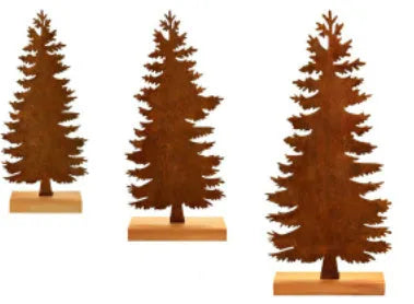 Set of three rustic iron metal Christmas tree and elk silhouette ornaments on a wooden surface.