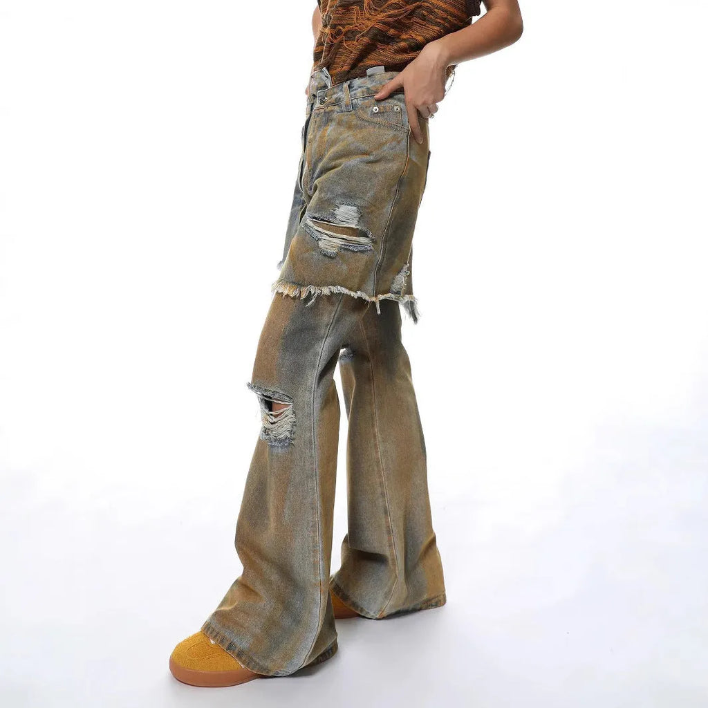 Light blue loose hole distressed bootcut jeans on a high-waist mannequin