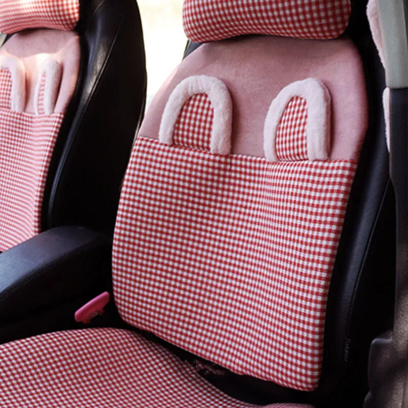 Linen plaid car seat cushion set in pink flower pattern with headrests, backrest, seat belt covers and gear cover