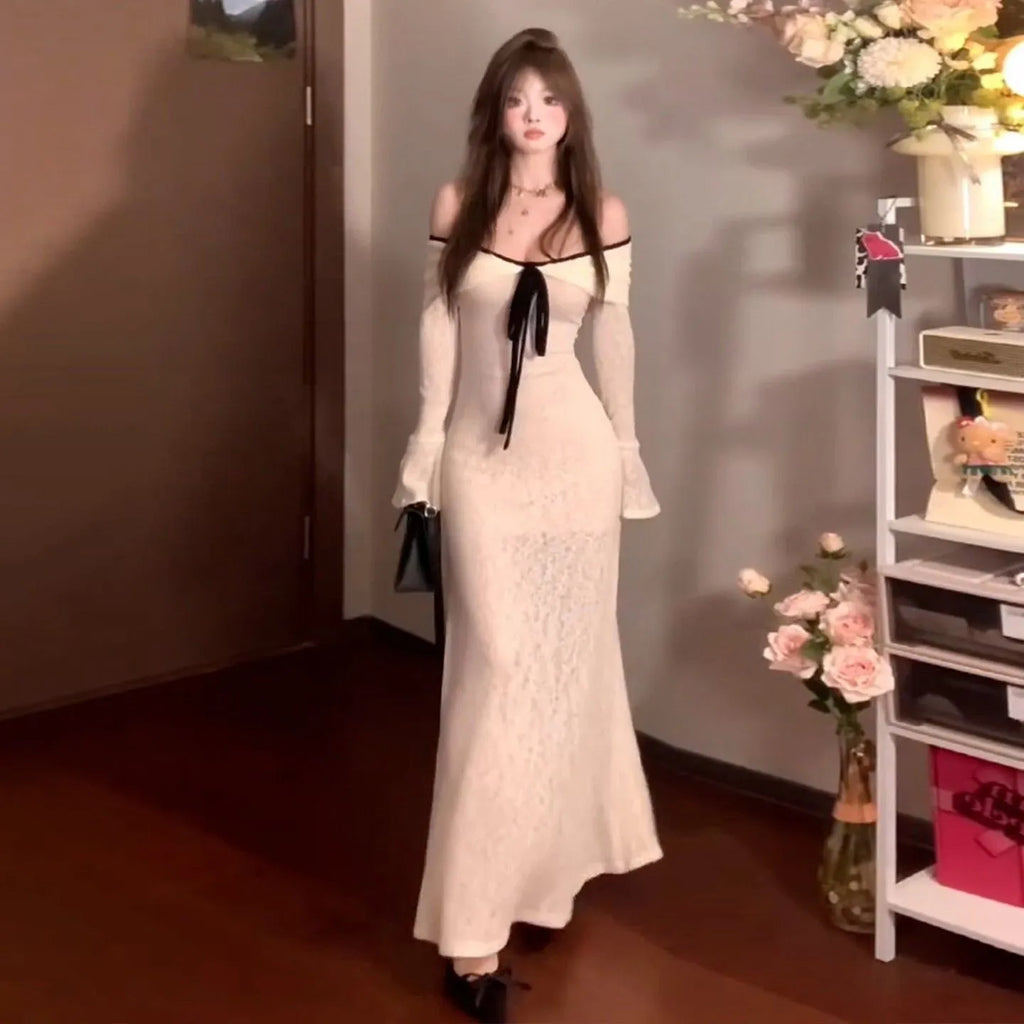 White off-shoulder long-sleeved knitted dress for women with high waist, polyester fabric, sizes S to XL