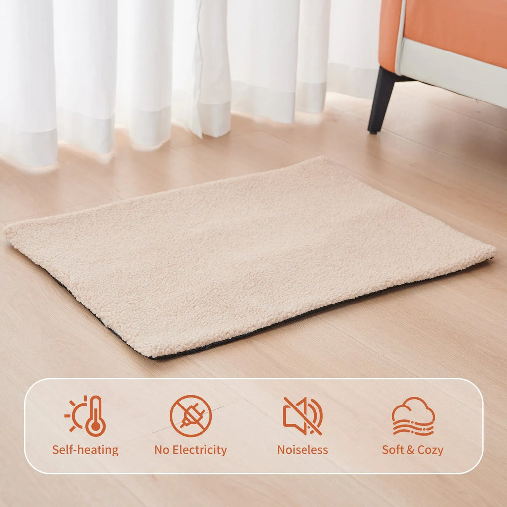 Grey plush self-heating pet pad for cats and dogs on indoor floor