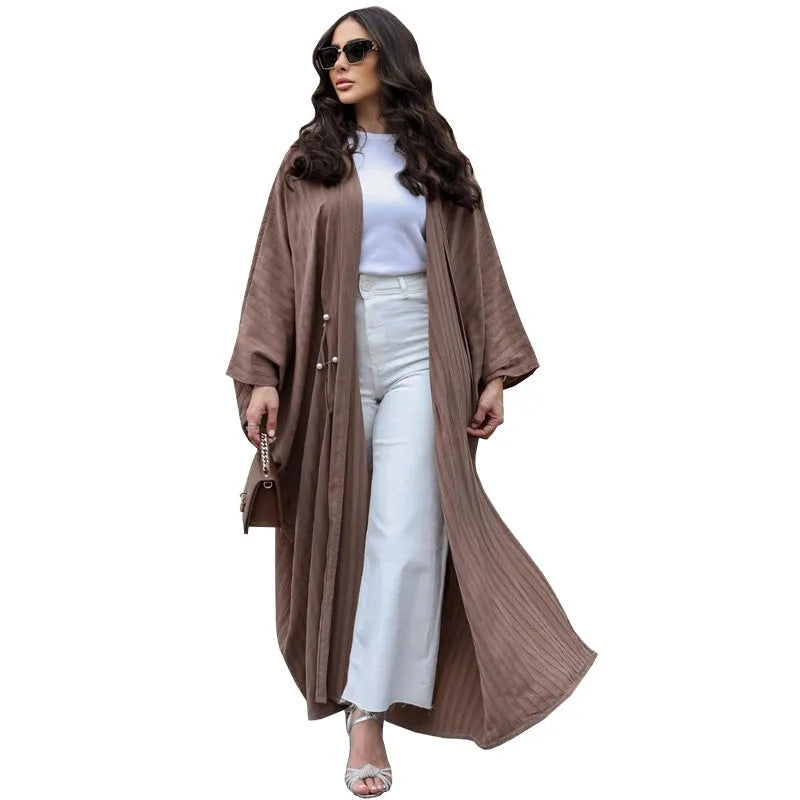 Turkish striped abaya cardigan robe in light coffee colour with batwing sleeves for Muslim women