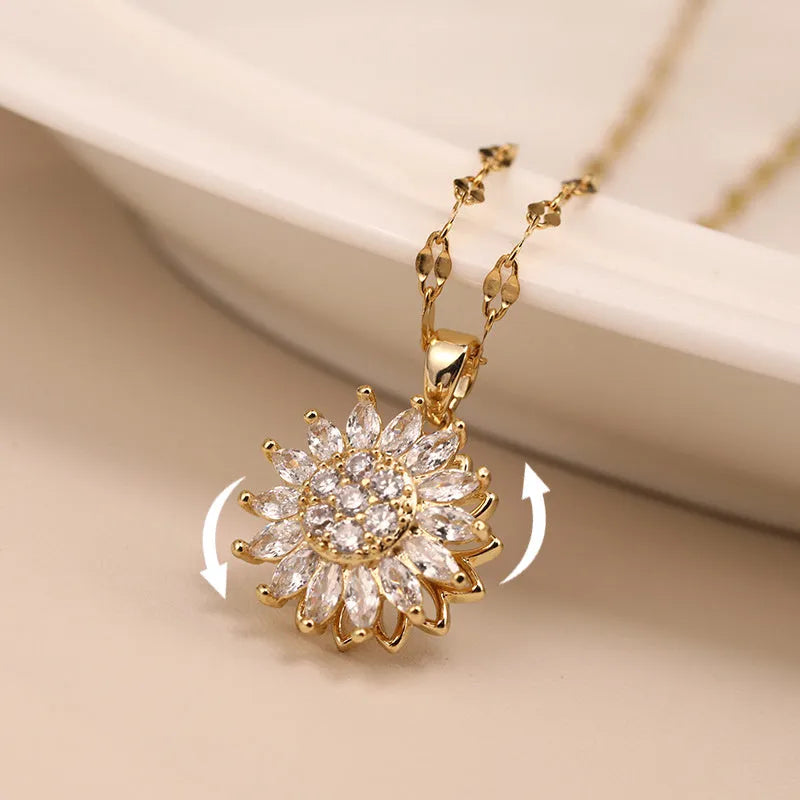 Rotatable sunflower pendant necklace with zircon stones on gold-plated copper chain in golden finish