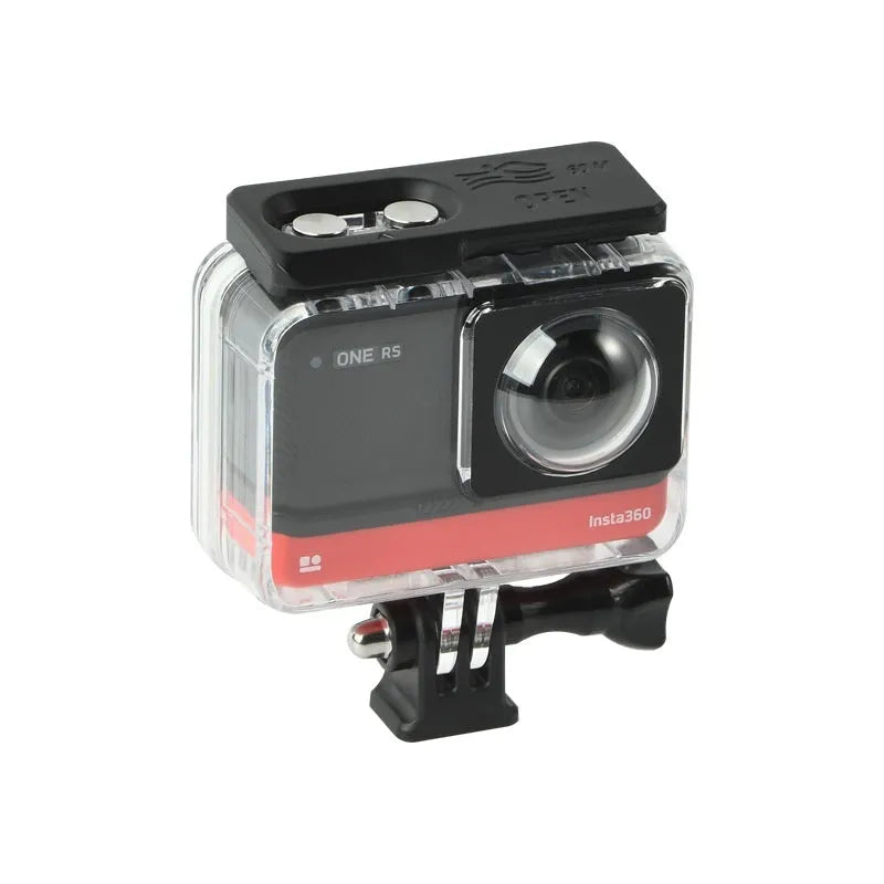 Transparent waterproof housing case for Insta360 One RS panoramic camera.