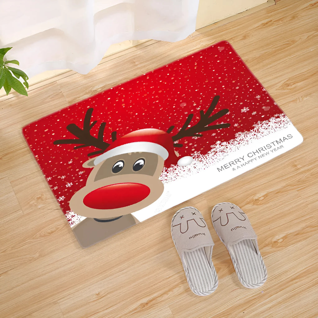 Flannel Christmas door mat with red pattern, thin 40x60cm size, on a tiled floor