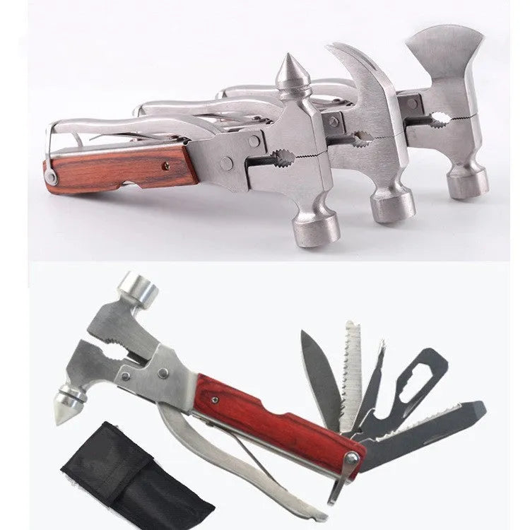 Solid steel 16-in-1 car safety emergency hammer with axe, claw, and cone heads, shown folded with Oxford fabric bag.