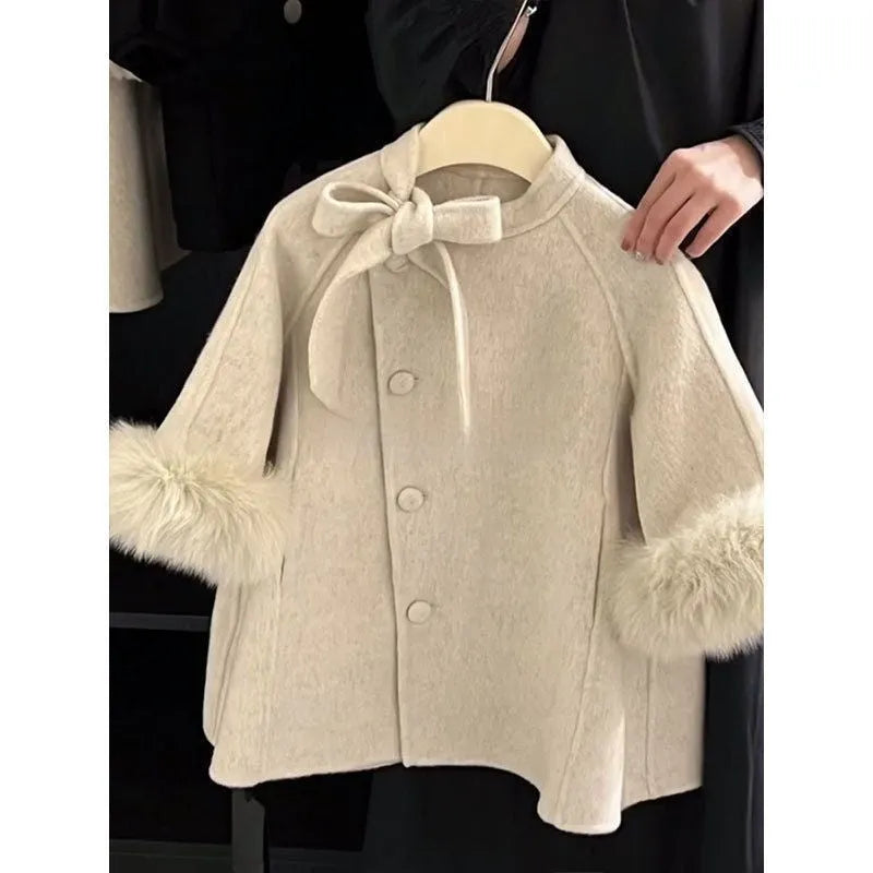 Beige baby girl coat autumn winter polyester single-breasted mid-length long sleeves suitable height 100-150cm no hood