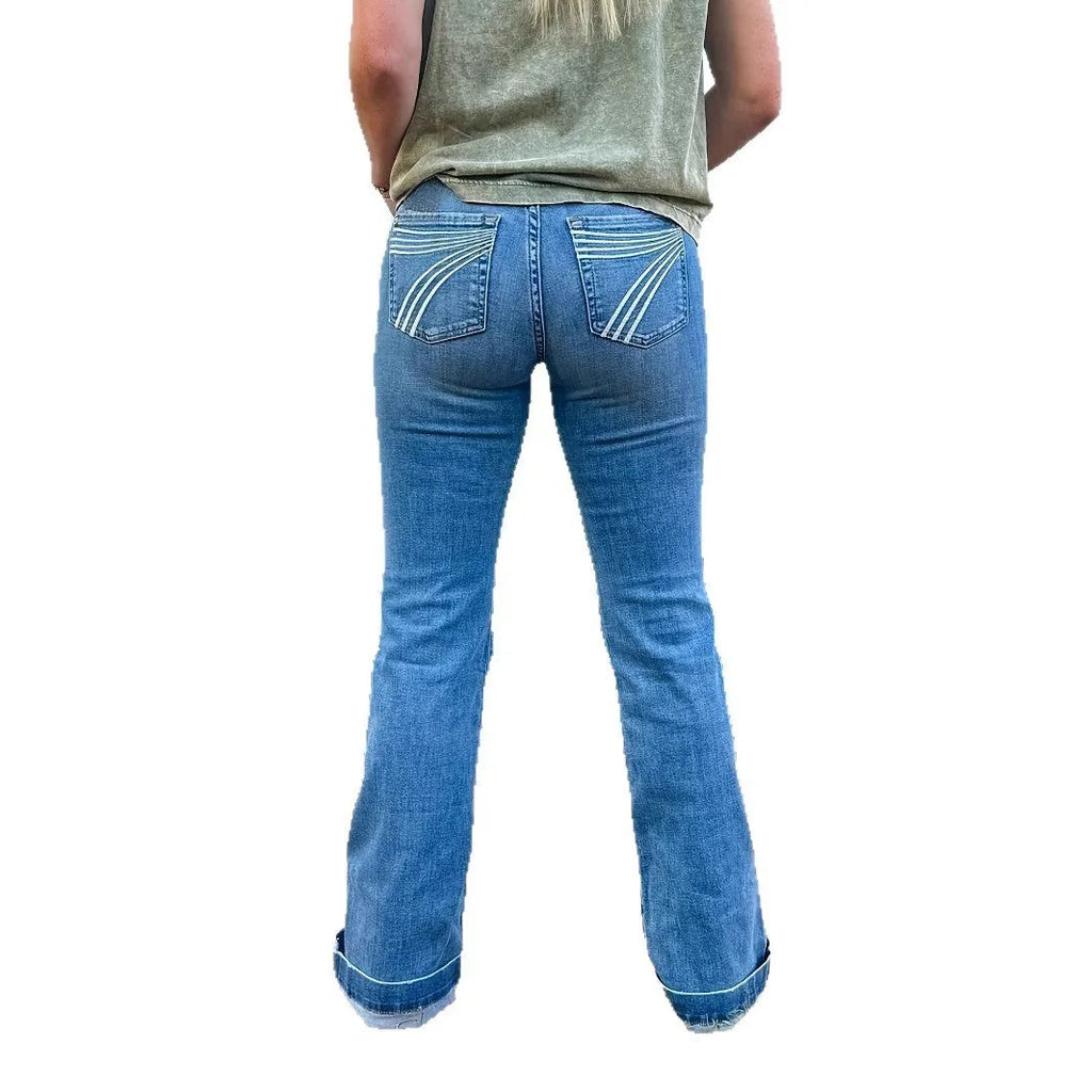 Slim fit elastic mid-waist jeans with embroidery detail and slight flare in cotton denim fabric