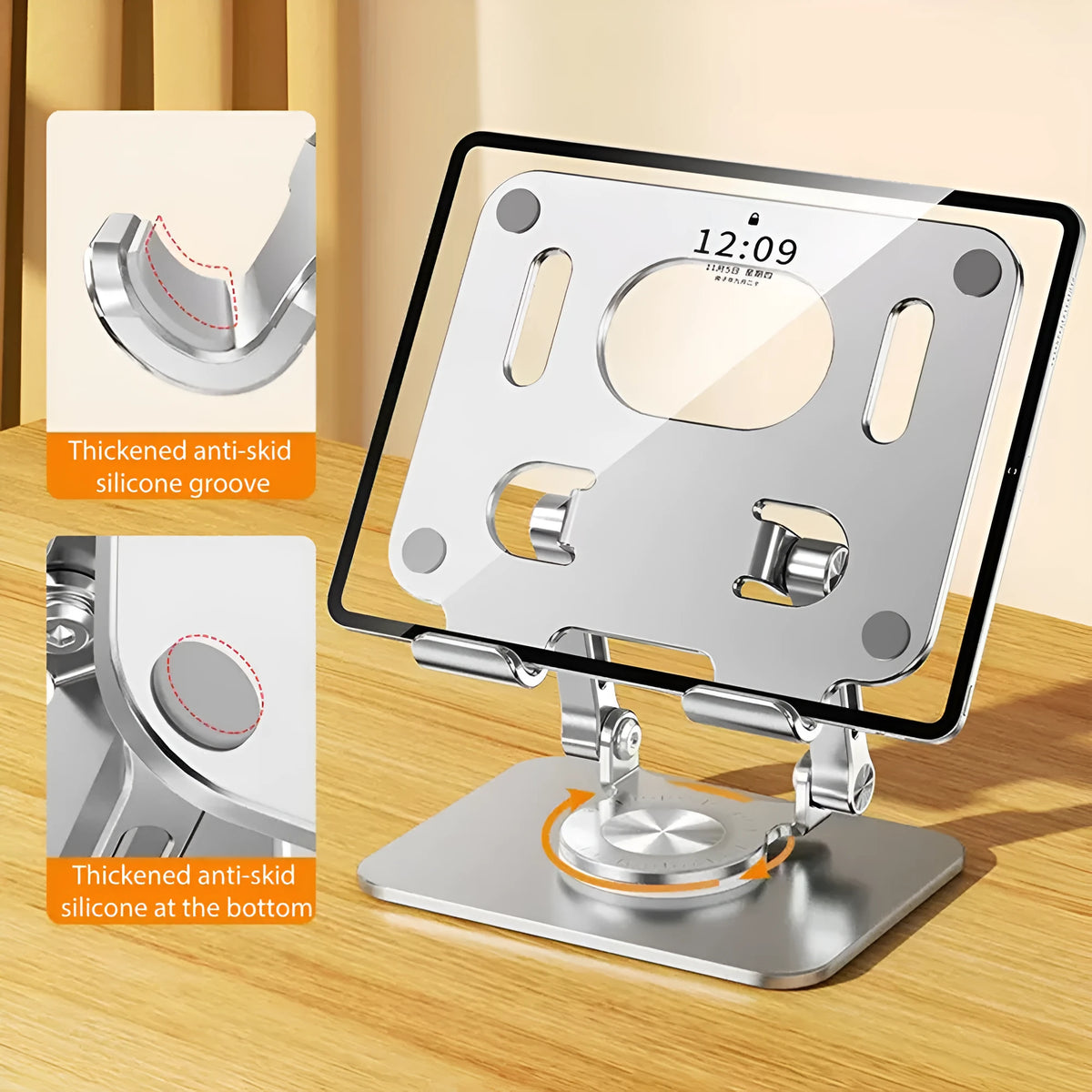 Rotating flat tablet stand in silver or black, metal and silicone, 15cm panel, adjustable height 2-17cm