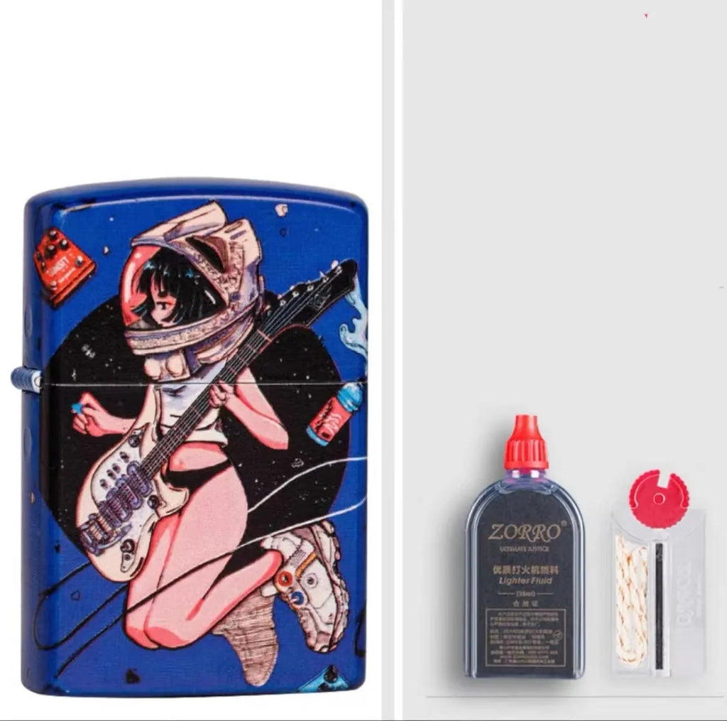 Windproof metal kerosene lighter with pure copper case and grinding wheel flint mechanism.