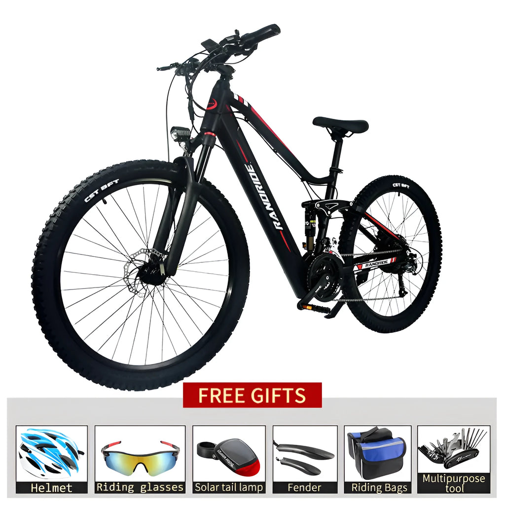 Black red electric mountain bike with full suspension, aluminium alloy frame, 27.5 inch wheels, 750W motor, and hydraulic disc brakes