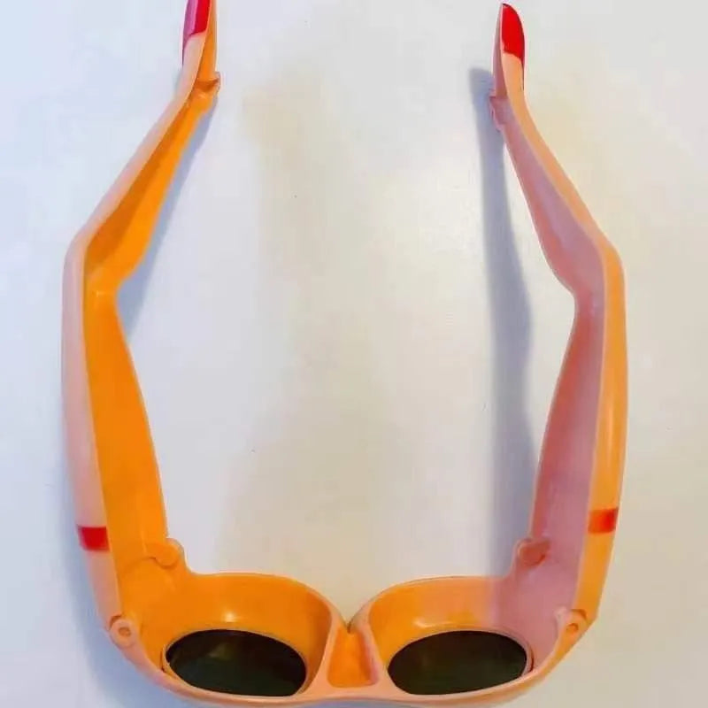 Orange plastic personality sunglasses with wide 15cm frames.