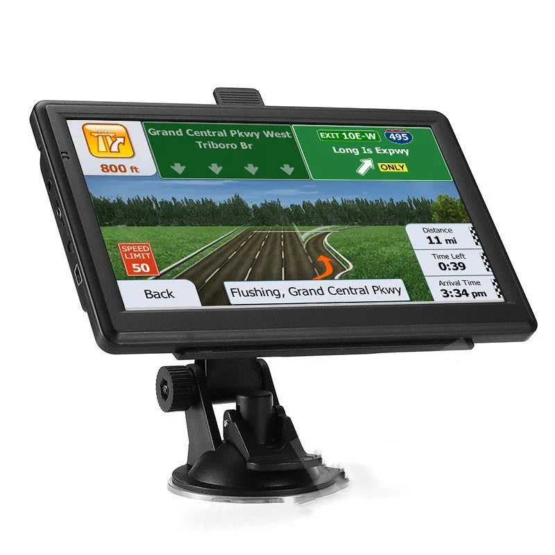 7 inch black portable car GPS navigation device mounted on dashboard with clear map display