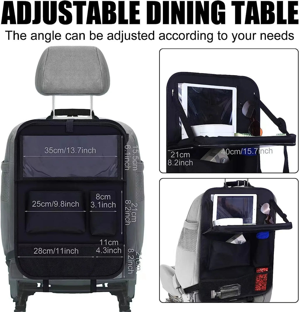 Black Oxford cloth car seat back buggy bag measuring 42x30cm hanging behind headrest