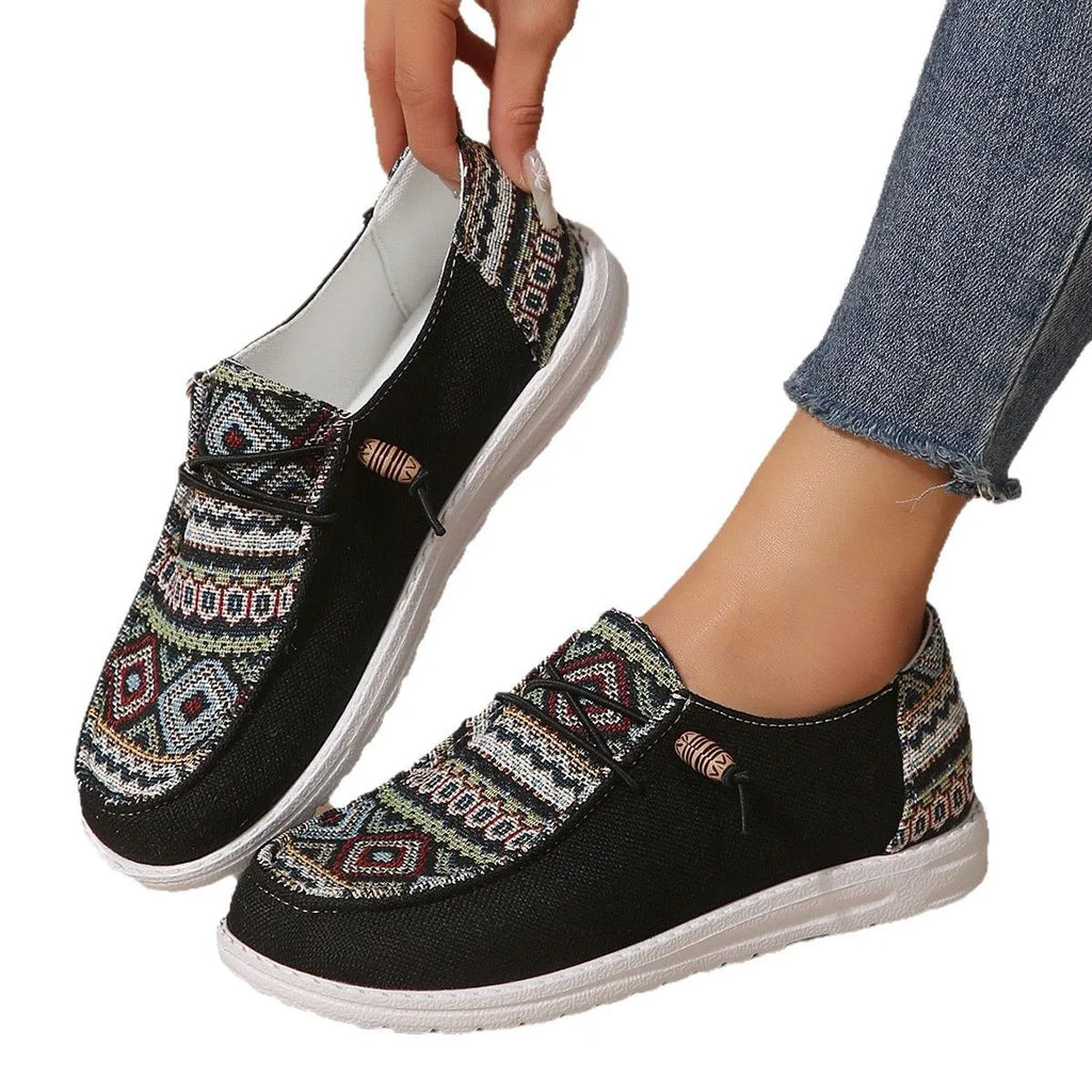 Women's flat round toe low-top shoes in artificial PU with rubber sole in black, dark grey, or khaki colours