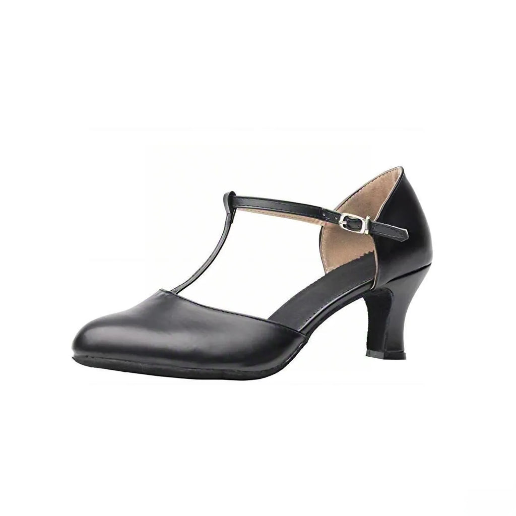 Women's modern soft bottom leather Latin dance shoes in black with double cross straps